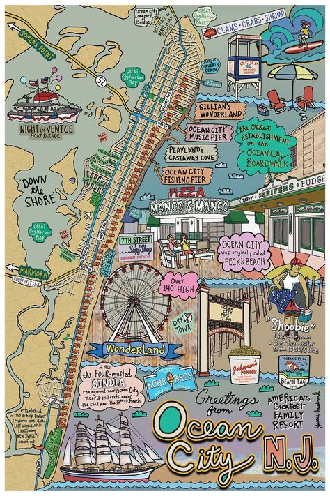 "Map of Ocean City, NJ! America's Greatest Family Resort! Prints made to order and printed on thick, 88lb. archival matte art paper w/ a white border to allow for easy framing. *Free Shipping* (US locations only) Customization option: I will put your house on the map! (see images for an example of the house/heart icon). The house/heart icon can be added to any street shown on the map. Frame info: Black or White Frame options Moulding Width: 3/4\" 1\" white mat non-glare acrylic sawtooth Hangers. Ocean City New Jersey, New Jersey Beaches, Nj Beaches, New York City Vacation, Beach Prints, Ocean City Nj, Ocean City Maryland, Ocean City Md, Waterfront Restaurant