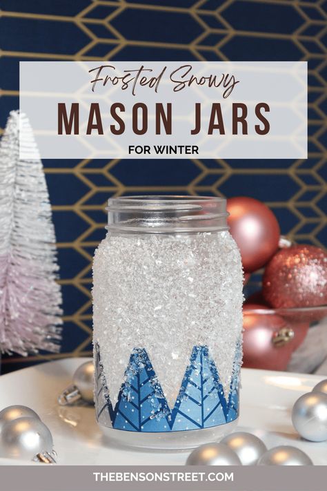 Decorate your home with these beautiful snowy winter mason jars. These are a great way to use up glass jars and decorate with all winter long. I'll show you the step by step tutorial for making these snowy mason jars. Snowy Mason Jars, Candle Jars Crafts, Decorate Glass Jars, Frosted Mason Jars, Mason Jar Luminaries, Crafts With Glass Jars, Flameless Tea Lights, Blue Mason Jars, Empty Jar