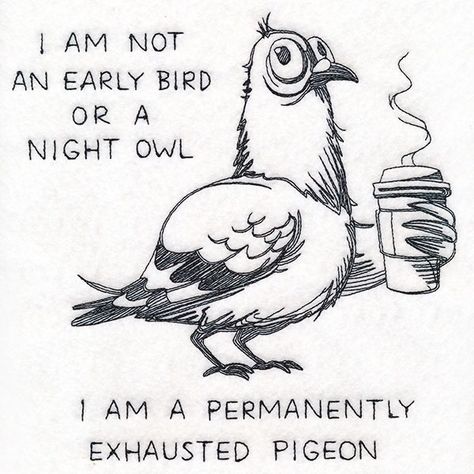 Forget being an early bird or night owl - you've reached the point of permanently exhausted pigeon. Stitch this funny bird onto T-shirts, pillows, and more. This machine embroidery design contains sheer stitching and open areas. Embroider on solid-color fabric for best results Permanently Exhausted Pigeon, Funny Embroidery, Waffle Weave Towels, Freestanding Lace Embroidery, Urban Threads, H Design, Towel Design, Bird Embroidery, Towel Kitchen