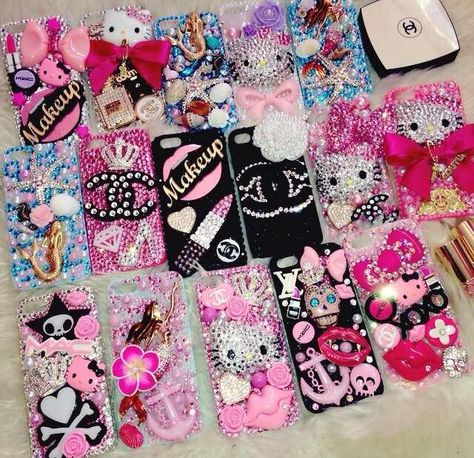 2000s Phone Case Aesthetic, Mc Bling Nails, Bedazzled Phone Case, Phone Case Collection, Decoden Case, Hello Kitty Phone Case, Crystal Phone Case, Bling Phone Cases, Decoden Phone Case