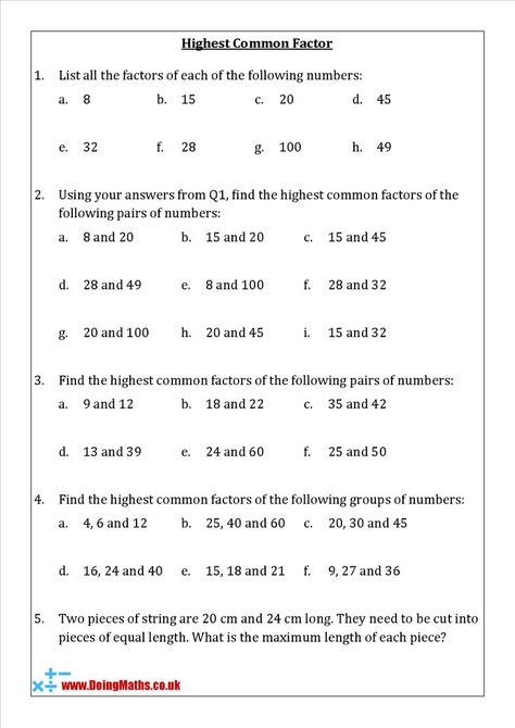 Highest common factors free maths worksheet Factors Of Numbers, Highest Common Factor, Factors Worksheet, Finding Factors, Greatest Common Factor, Maths Worksheet, Factors And Multiples, Common Multiples, Greatest Common Factors