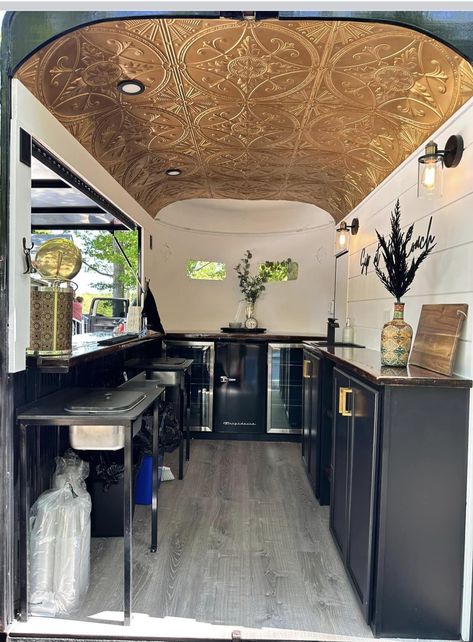 Inside Food Trailer, Caravan Coffee Shop Ideas, Horse Trailer Turned Coffee Bar, Bar Vans, Mobile Bar Camper Interior, Food Truck Renovation, Coffee Airstream, Small Food Trailer Ideas, Coffee Shop Camper