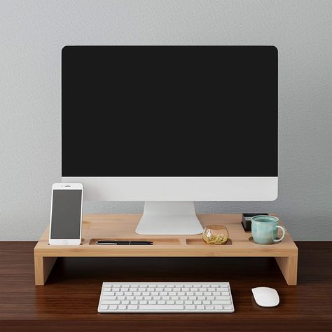 Manage office desk clutter with this minimalist and modern monitor riser. The riser includes dedicated slots for various office items like mobile phones, pens, clips, stickers and even a coffee mug. Made of bamboo, a strong and durable natural material, this riser is designed to last. Computer Shelf, Computer Desk Organization, Laptop Riser, Clear Desk, Space Saving Desk, Desk Organizer Set, Printer Stand, Office Supply Organization, Computer Stand