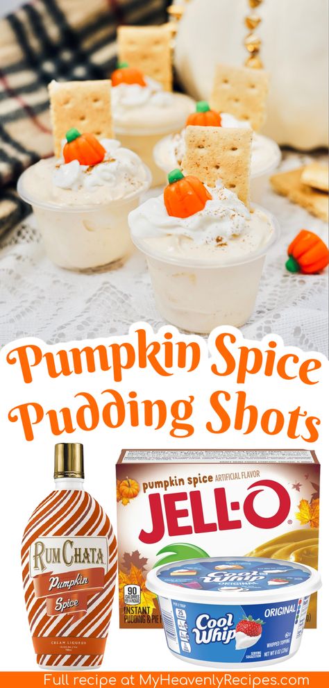 Churro Pudding Shots, Pumpkin Shots, Pumpkin Jello Shots, Pudding Shots Halloween, Pudding Shots Thanksgiving, Apple Pie Pudding Shots Recipe, Orange Pudding Shots, Pumpkin Spice Shots, Pumpkin Shots Pudding