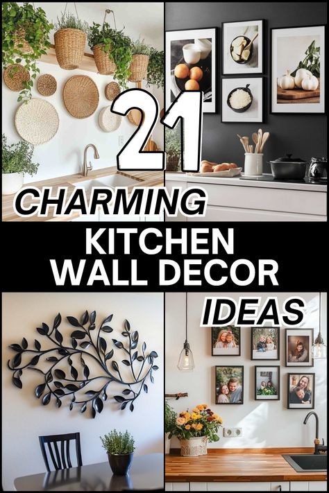 Make your kitchen cozy and stylish with these 21 creative wall decor ideas! From floating shelves to farmhouse signs, find inspiration to add personality and warmth to your kitchen walls. Perfect for any style, from rustic to modern! #KitchenDecor #WallDecorIdeas #HomeDecorInspiration #KitchenStyle #DecoratingTips Kitchen Decorations Wall, Wall Hanging Kitchen Ideas, Kitchen Wall Styling, Wooden Kitchen Wall Decor, Art Over Kitchen Table, Small Wall Kitchen Decor, Kitchen Focal Wall Ideas, Random Kitchen Wall Ideas, Plate Wall Decor Kitchen