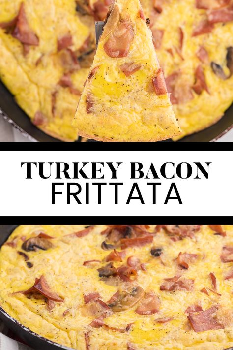 Two image collage of Turkey Bacon Frittata. First image shows a piece being cut out of the frittata. Second image is the frittata in the frying pan. Turkey Bacon Frittata, Turkey Bacon Breakfast, Dairy Free Frittata, Turkey Bacon Recipes, Bacon Frittata, Paleo Turkey, Alpha Gal, Mexican Food Dishes, Simply Stacie