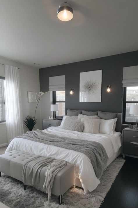 Grey Room With Accent Color, Black Bed Minimalist Bedroom, Grey And White Furniture Bedroom, Grey Room With White Furniture, White Grey Home Interior, Bedroom Idea Simple, White Room With Grey Accent Wall, Bedroom Decor Grey And White, Ivory Grey Bedroom