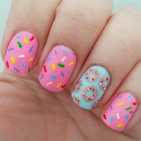 Birthday Nail Art, Unicorn Nails Designs, Donut Nails, Birthday Nail Designs, Kids Nail Designs, Girls Nail Designs, Food Nails, Nail Art For Kids, Unicorn Nails