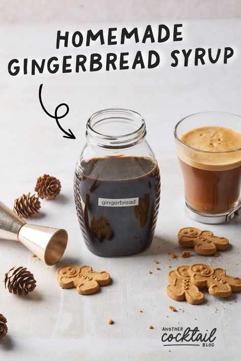 This gingerbread syrup, made with sweet molasses, fresh ginger, and a blend of seasonal spices, will infuse a festive spirit and the flavor of freshly baked gingerbread cookies into your holiday drinks. Homemade Gingerbread Coffee Syrup, Winter Spice Syrup, Fall Simple Syrup Recipes, Homemade Gingerbread Syrup, Gingerbread Simple Syrup Recipe, Gingerbread Simple Syrup, Gingerbread Syrup Recipe, Gingerbread Syrup Cocktail, Gingerbread Syrup For Coffee