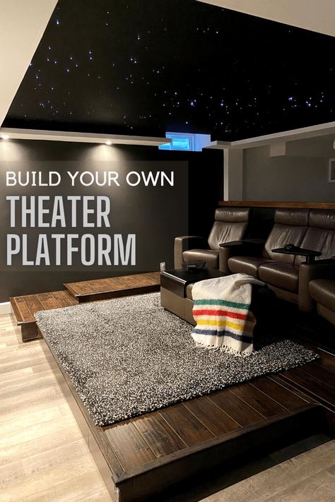 Basement Open Theater Room, Home Theater Riser Diy, Home Theater Platform, Diy Basement Movie Theater, Home Theater On A Budget, Basement Theater Room Ideas Diy, Loft Theater Room Ideas, Movie Theater Rooms Diy, Small Basement Theater Room Ideas