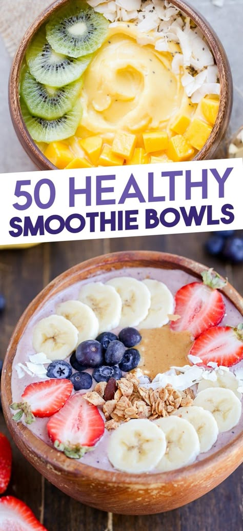 This Smoothie Bowl Recipe Roundup brings together 50+ of the best Smoothie Bowl Recipes! Everything from chocolate peanut butter smoothie bowls, to pitaya bowls, and acai bowls! Avocado Smoothie Bowl, Green Smoothie Bowl Recipe, Acai Bowl Recipe Easy, Healthy Smoothie Bowls, Smoothie Bowls Recipe Easy, Smoothies Bowl, Smoothie Bowl Recipe Healthy, Bowl Recipes Easy, Sweet Potato Smoothie