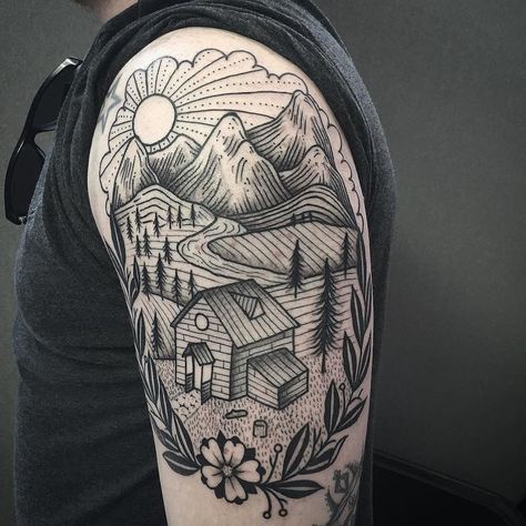 Landscape tattoo Portland Tattoo, Woodcut Tattoo, Landscape Tattoo, London Tattoo, Line Work Tattoo, Tattoo Videos, Maori Tattoo, Nature Tattoos, Tattoo Designs For Women