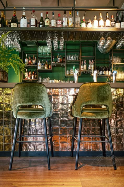 Greens Restaurant, Green Tile Bathroom, Bar Counter Design, Modern Restaurant Design, Cozy Restaurant, Comfortable Dining Chairs, Trendy Bar, Bar Displays, Lunch Room