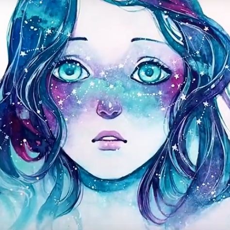 Beautiful watercolor illustrations: Starry Girl Watercolor Portrait Pintura A Guache, Art Galaxie, Bel Art, 수채화 그림, Galaxy Art, Arte Inspo, Art Et Illustration, Youtube Art, Art And Illustration