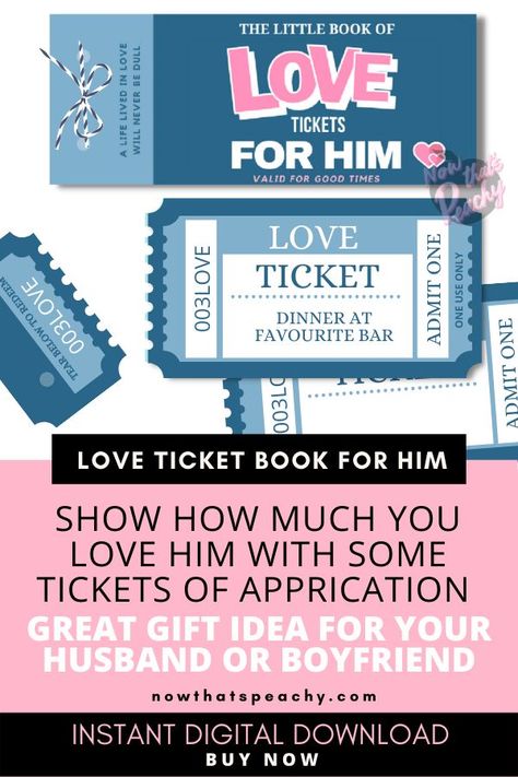 LOVE Ticket vouchers for you Man! Instant download coupons for last-minute Valentine's Day gifts for your husband, boyfriend or fiance.

Fun and easy DIY gift idea to give on birthdays or anniversay. Printable Appriciation coupons for him Love Ticket, The Bachelor Tv Show, Gifts For Your Husband, Paper Aeroplane, Printable Tickets, Diy Coupons, Easy Diy Gifts, Printable Books, Admit One