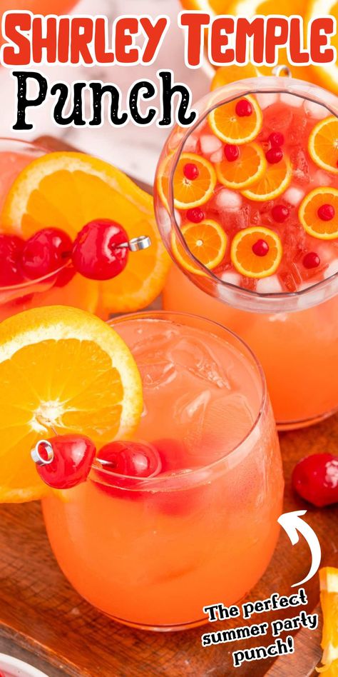 Shirley Temple Punch gives the classic Shirley Temple mocktail a multi-serving makeover. The perfect nonalcoholic party punch recipe for holidays, summer parties, and pot-lucks! Drinks For Parties Nonalcoholic, Drink Ideas For Party Nonalcoholic, Shirley Temple Board Night, Mocktails For Parties, Easy Summer Punch Nonalcoholic, Luau Punch Non Alcoholic, Orange Non Alcoholic Punch, Pool Drinks Nonalcoholic, None Alcoholic Punch