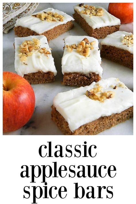 These easy old fashioned Classic Applesauce Spice Bars are going to take you right back to "home" at first bite! Beautifully spiced, heavy & moist. #AppleSauceSpiceBars #AppleBars #ApplesauceBars via @frugalhausfrau Applesauce Bars Recipes, Applesauce Bars, Mayo Cake, Spice Bars, Apple Dessert Recipes Easy, Sweet Bars, Apple Muffin Recipes, Sweets Ideas, Making Food