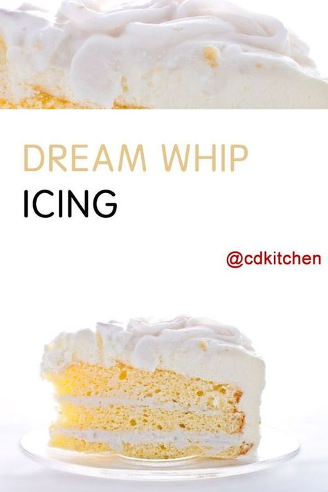 Made with vanilla pudding mix, Dream Whip topping mix | CDKitchen.com Whip Icing Recipe, Dream Whip Recipes, Whip Icing, Whipped Icing Recipes, Pudding Icing, Roll Desserts, Whip Recipes, Dream Pie, Dj Board