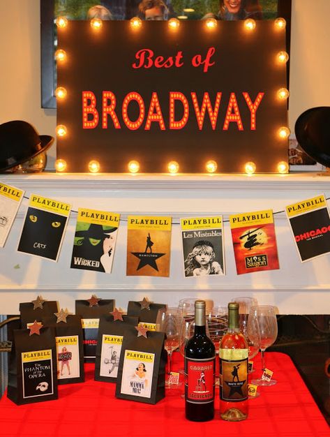 Broadway Party Ideas Decoration, Broadway Musical Birthday Party Ideas, Broadway Birthday Party Decorations, Broadway Themed Bachelorette Party, Theater Party Ideas Broadway, Broadway Bachelorette Party, Musicals Themed Party, Musical Theatre Party Ideas, Broadway Decorations Themed Parties