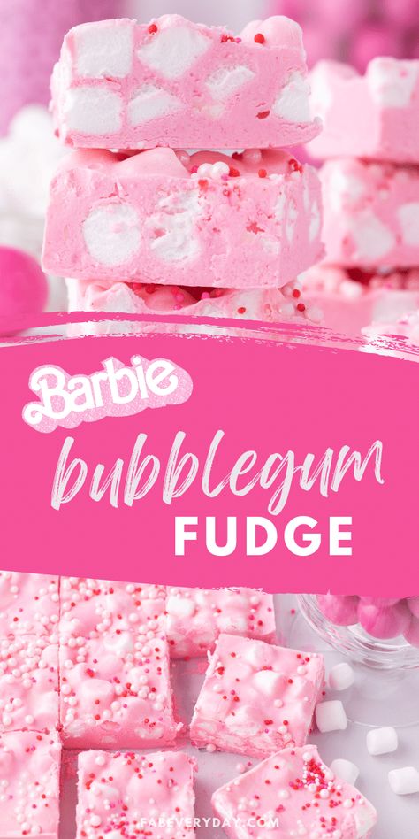 This pink fudge recipe is soft with fluffy little bites of marshmallow! The color makes this Bubblegum Fudge perfect for anyone looking for Barbie birthday party food ideas or Barbie themed food! Bubblegum cloud fudge is deliciously decadent and so easy to make, whether you make it as Barbie party food ideas, a Valentine's Day treat, or any time you want a sweet treat with some bubble gum flavor. Click or visit FabEveryday.com for the recipe if you're searching for Barbie themed snacks! Pink Birthday Party Treats, Barbie Themed Birthday Party Treats, Barbie Party Treat Table, Food Ideas For Barbie Party, Snacks For Barbie Party, Barbie Winter Birthday Party, Barbie Birthday Snacks, Barbie Birthday Party Snack Ideas, Barbie Themed Christmas Party