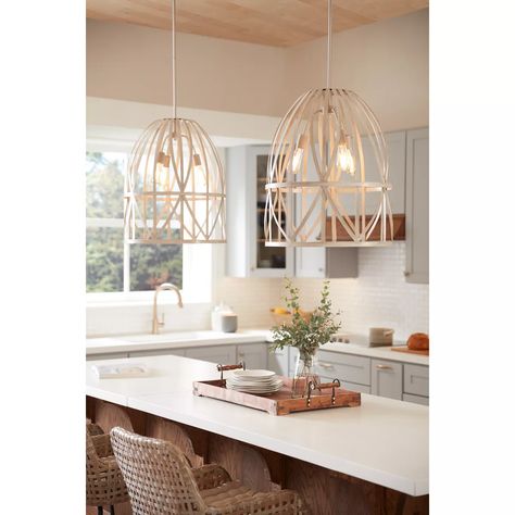 Chastain Collection Three-Light Brushed Nickel Bleached Oak Basket Farmhouse Pendant Light | P500344-185 | Hubbell Acapulco, Coastal Modern Kitchen Pendant Lights, Coastal Pendant Lights Over Kitchen Island, Coastal Modern Kitchen, Coastal Kitchen Lighting, Progress Lighting Pendant, Modern Kitchen Pendants, Coastal Pendant Lighting, Modern Kitchen Pendant Lights