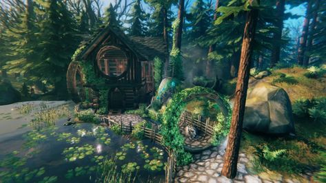 Valheim water mill build won't grind your barley but does look gorgeous | GamesRadar+ Valheim Builds, Shifting Help, Witch Hut, Viking House, Cozy Games, Get Off My Lawn, Base Building, Viking Life, 3d Environment