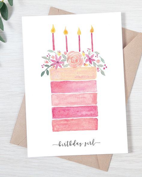 Watercolor Birthday Cake, Gold Birthday Card, Hammered Flowers, Birthday Cake Pink, Watercolor Birthday Cards, Watercolor Cake, Hand Painted Card, Birthday Desserts, Watercolor Birthday