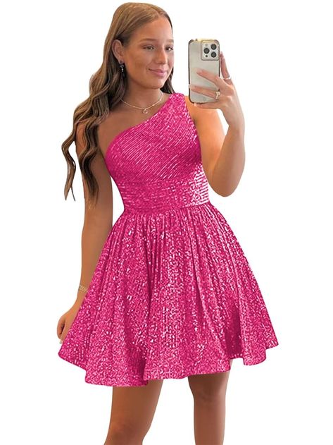 Cute Neon Dresses, Cute Party Dresses Flowy Short, Cute Pink Formal Dresses, Dark Pink Short Dress, Short Pageant Dresses, 6th Grade Dance Outfits, Homecoming Dresses For Big Bust, 13th Birthday Dress Ideas, Grade 11 Dance Dresses