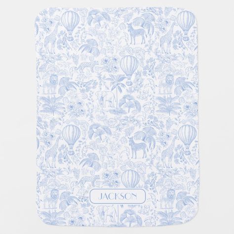 Cute Safari Blue Toile de Jouy Name Baby Blanket Boy Baby Shower Ideas Themes, Chinoiserie Background, Baby Boy Gift Idea, Floral Chinoiserie, Newborn Baby Boy Gifts, Chinoiserie Pattern, Baby Dior, Toile Pattern, Blue Toile