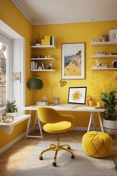 Yellow Craft Room, Office Space Aesthetic, Mustard Office, Yellow Home Office, Yellow Study, White Office Ideas, Yellow Office, Contemporary Home Office, Yellow Room