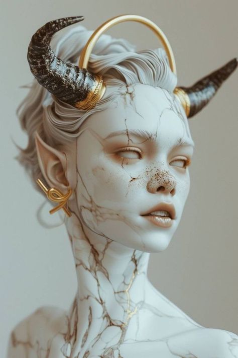 . #Haute_Couture_Goth #Marble_Statue_Drawing_Reference #Villain_Design_Concept_Art #Angel_With_Horns Demon Horn Designs, Villain Design Concept Art, Demon Statue, Facial Reference, Tato Maori, Miniatures Painting, Angel Skin, Statue Art, Dark Disney