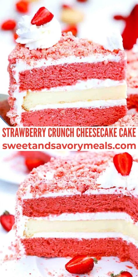 Strawberry And Cheesecake Cake, Cheesecake Layer For Cake, Speciality Cakes Recipes, Strawberry Crunch Cakes, Scoopable Cheesecake, Crunch Bar Cheesecake, Strawberry Wafer Cheesecake, Cheesecake Stuffed Cake, New Deserts Ideas