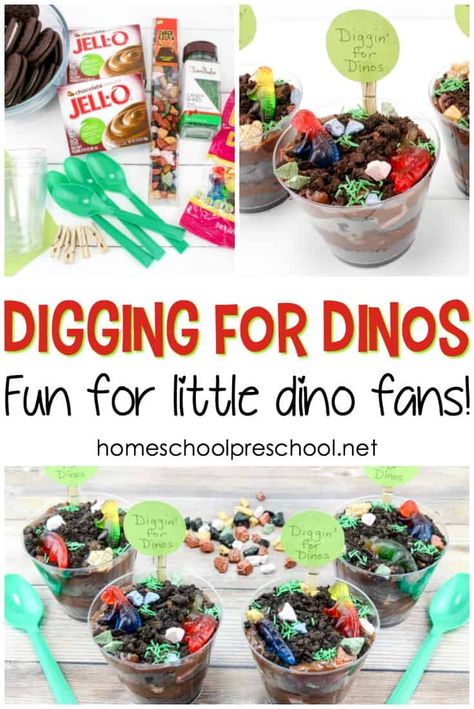 Let your little ones play with their dinosaur food with this Digging for Dinosaurs pudding snack! Young dinosaur fans will dig it! Dinosaur Snacks, Princess Dinosaur, Dinosaur Birthday Party Food, Dinosaur Crafts Preschool, Dinosaur Food, Dinosaur Activities Preschool, Turning Three, Theme Snack, Birthday Extravaganza