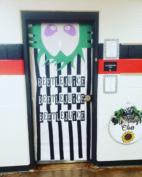 Door Decor Halloween Classroom, Spooky Halloween Classroom Doors, Oogie Boogie Classroom Door, Halloween Door Decorations High School, Office Door Decorations Halloween, Halloween Door Decorations Nursing Home, Addams Family Classroom Door, Door Decoration Halloween Classroom, Beetle Juice Classroom Door