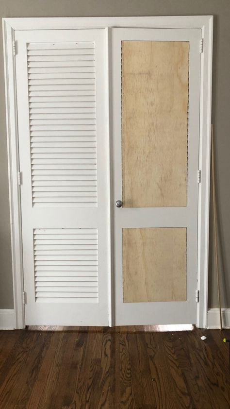 How we updated our louvered doors for under $100 - Louvered Bifold Doors, Bifold Doors Makeover, Louvered Door, Louvre Doors, Diy Closet Doors, Louvered Doors, Closet Door Makeover, Bifold Closet Doors, Closet Remodel