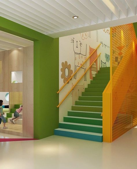 School Stairs, Kindergarten Entrance, School Wall Art Ideas, Children Hospital Design, Kindergarten Interior, Preschool Designs, Classroom Interior, School Building Design, Daycare Design