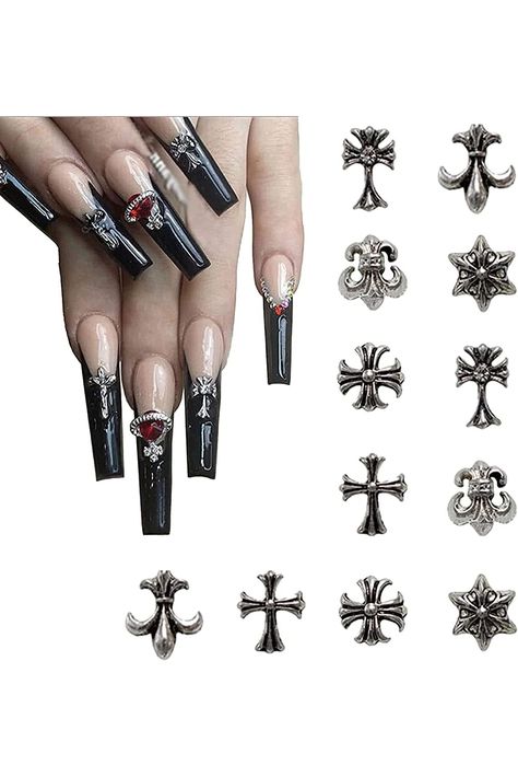 120 Pcs Cross 3D Nail Charms Sliver Metal Cross Nail Art Charms Punk Vintage Nail Art Supplies Nail Charms for Acrylic Nail Decoration Chrome Hearts Nail Accessories for Women DIY Nail Decorations Nail Cross, Metal Cross Nails, Chrome Nails With Cross Charms, Goth Cross Nails, Cross Nail Charm Nails, Vintage Nail Art, Cross Nail Art, Goth Nail Charms, Cross Nails