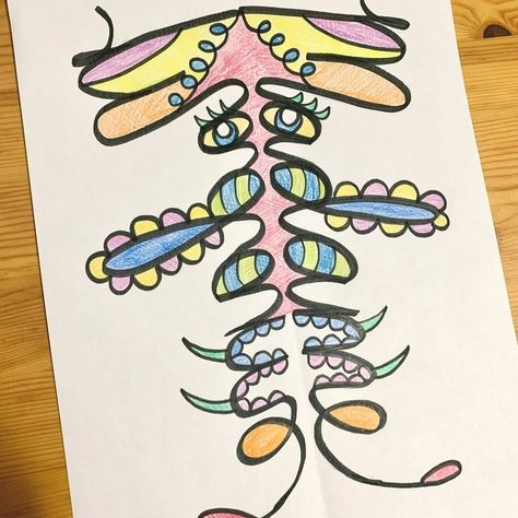 Cursive Creatures Name Symmetry Art Project — Mme Marissa Alien Art Project, Art Curriculum Elementary, Name Art Projects, A Cursive, Name Drawings, Crayon Crafts, Middle School Art Projects, Printed Letters, Name Crafts