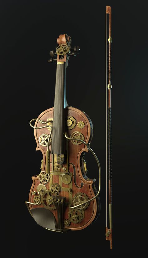 Steampunk Violin, Anton Zharkov on ArtStation at https://www.artstation.com/artwork/2ob9a Steampunk Violin, Fantasy Violin, Violin Artwork, Peach Vibes, James And Giant Peach, Claw Gloves, Violin Art, Violin Design, Art Final