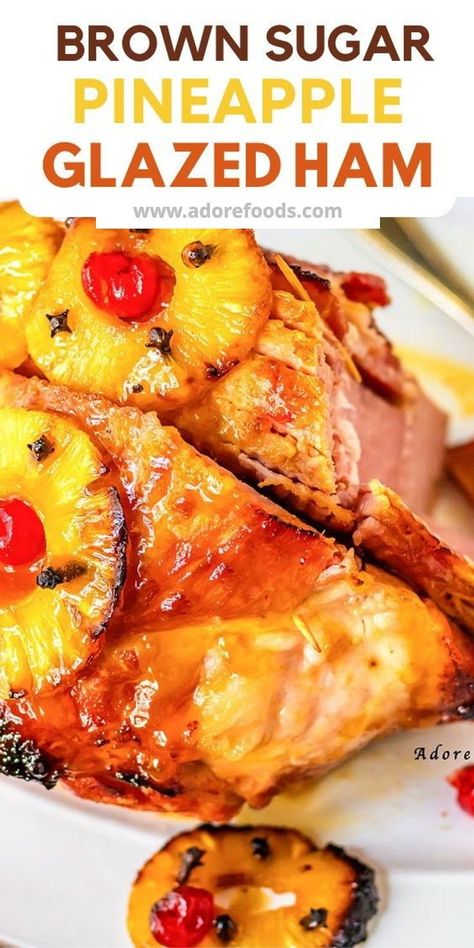 This old-fashioned Southern Baked Ham with Pineapple is baked and drizzled with a honey and brown sugar glaze and topped with cherries. Serve this holiday ham for Thanksgiving, Christmas, Easter #pineapplehoneyglazedham #bestglazedham #brownsugarpineappleglazedham #Christmasham Pineapple Honey Glazed Ham, Pineapple Glazed Ham, Easy Ham Recipes, Baked Ham With Pineapple, Brown Sugar Pineapple, Precooked Ham, Thanksgiving Ham, Brown Sugar Ham, Ham Glaze Brown Sugar