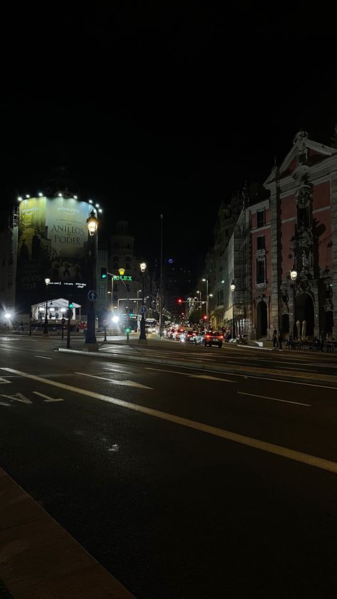 madrid night street aesthetic, spain, gran via madrid Madrid Spain Night, Night Street Aesthetic, Madrid Streets, Madrid At Night, Metropolis Madrid, Spain Streets, Madrid Aesthetic, Street At Night, Street Aesthetic