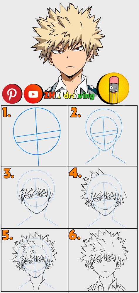 Subscribe to my channel for more tutorial ❤️ #bakugou #myheroacademia #draw #drawing #animedrawing #anime #howtodraw Bakugo Hair Tutorial, Bakugou Hair Tutorial, Drawing Ideas Anime Sketch Easy, How To Draw Bakugou Step By Step, How To Draw Bakugou Hair, How To Draw Deku Step By Step, Anime Sketch Tutorial Step By Step, How To Draw Bakugou, Bakugo Drawing Easy