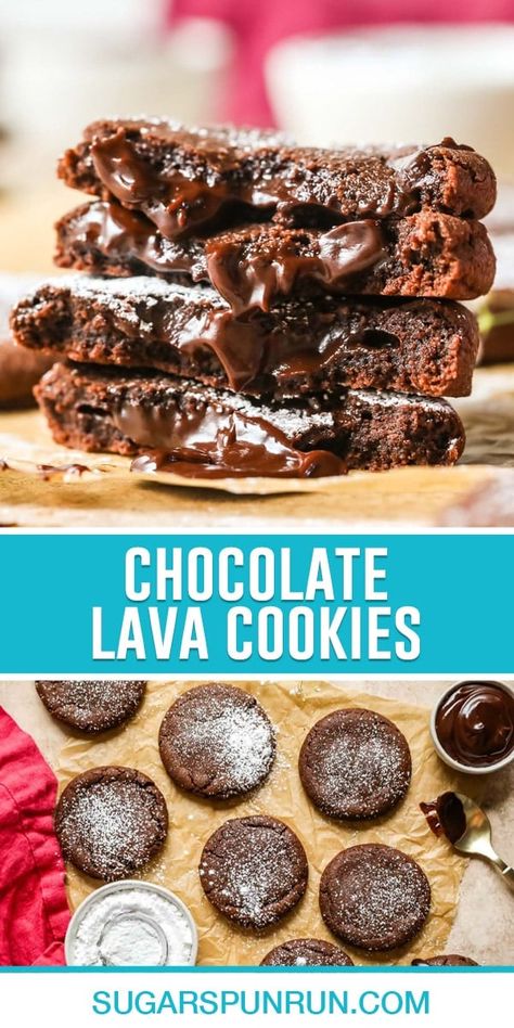 These gourmet chocolate lava cookies have an irresistible molten chocolate center! They are rich and decadent, yet surprisingly straightforward to make. Recipe includes a how-to video! Potato Leak, Chocolate Lava Cookies, Lava Cookies, Sugar Spun Run, Candy Board, Molten Lava Cakes, Cookies Sugar, Molten Chocolate, Holiday Dessert Recipes