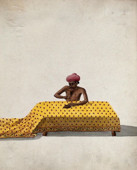 A man engaged in block printing a piece of cloth. Gouache painting by an Indian artist. | Wellcome Collection Paintings By Indian Artists, Block Printing Aesthetic, Indian Luxury Aesthetic, Block Print Aesthetic, Retro Indian Aesthetic, West East, Indian Illustration, Cartoon Style Drawing, South Asian Art