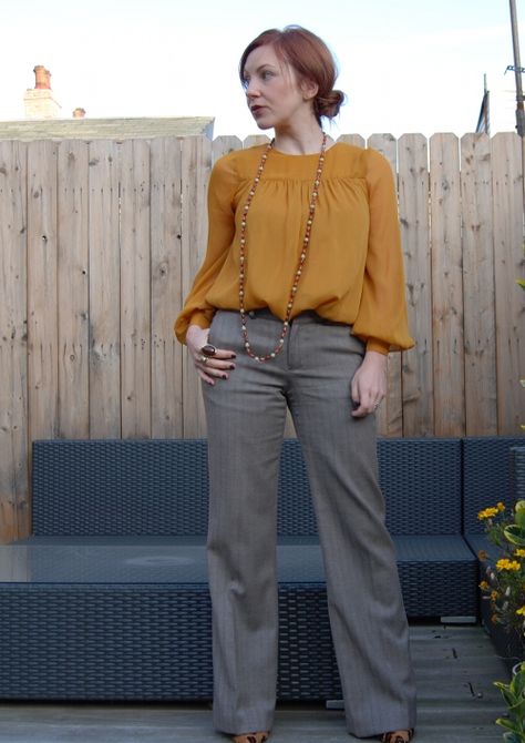 Gray Top Outfit Work, Fitted Yellow Shirt For Fall, Mustard Top Outfit Work, Mustard Top Outfit Fall, Yellow Blouse Outfit Work, Mustard Yellow And Gray Outfit, Mustard Blouse Outfit, Mustard Fitted Tops For Work, Gray Blouse Outfit