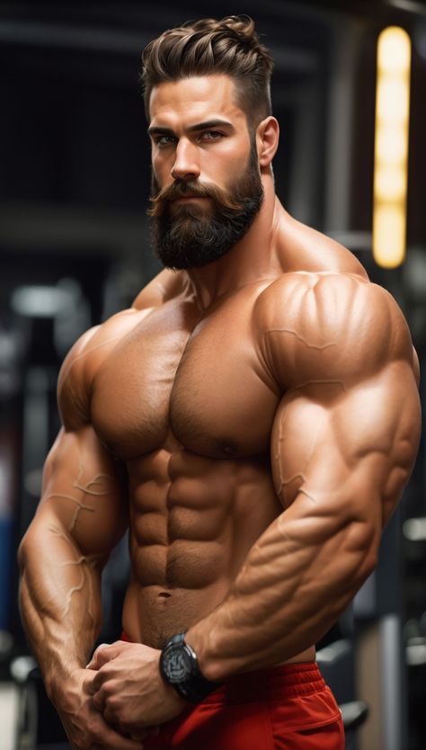 Man with a beard and a beardlock posing for a picture, muscular character, exaggerated muscle physique, muscular male hero, muscular male, muscular characters, muscular build, bodybuilder body, bulging muscles, bodybuilder, large muscles, super buff and cool, chiseled muscles, strong masculine features, muscular body, big muscles, muscular men Muscular Character, Big Muscular Men, Masculine Features, Muscular People, Johnny Edlind, Tattoo Free, Burly Men, Muscular Male, Man With A Beard