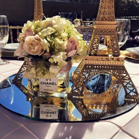 Amanda's Bridal Shower  | CatchMyParty.com Paris Theme Centerpieces, Paris Prom Theme, Paris Theme Party Decorations, Chanel Bridal Shower, Paris Party Decorations, Hawaiian Bridal Shower, Paris Themed Birthday Party, Paris Bridal Shower, Paris Theme Wedding