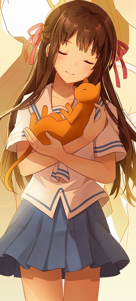 Tohru Holding Kyo Cat Form, Fruits Basket Anime Fanart, Fruit Basket Anime Fanart, Fruits Basket Cake Anime, Cute Fruits Basket Wallpaper, Fruit Basket Kyo Wallpaper, Toru Fruits Basket, Fruit Basket Wallpaper Aesthetic, Fruits Basket Fan Art