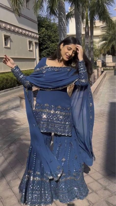 Please check the link guys!! Pakistani Outfits Party Wear, Short Kurti With Sharara, Dark Blue Party, Kurti With Sharara, Desi Fits, Dress Pakistani, Desi Dress, Desi Outfits, Trendy Outfits Indian