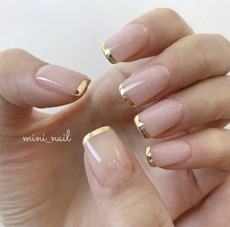 Gold Tip Square Nails, Gold Nail Tips French, Gold Edge Nails, French Manicure With Gold Tips, Gold Foil French Tip Nails, Gold Cuticle Nails, Gold Trim Nails, Gold Tipped French Manicure, Gold Tip French Manicure